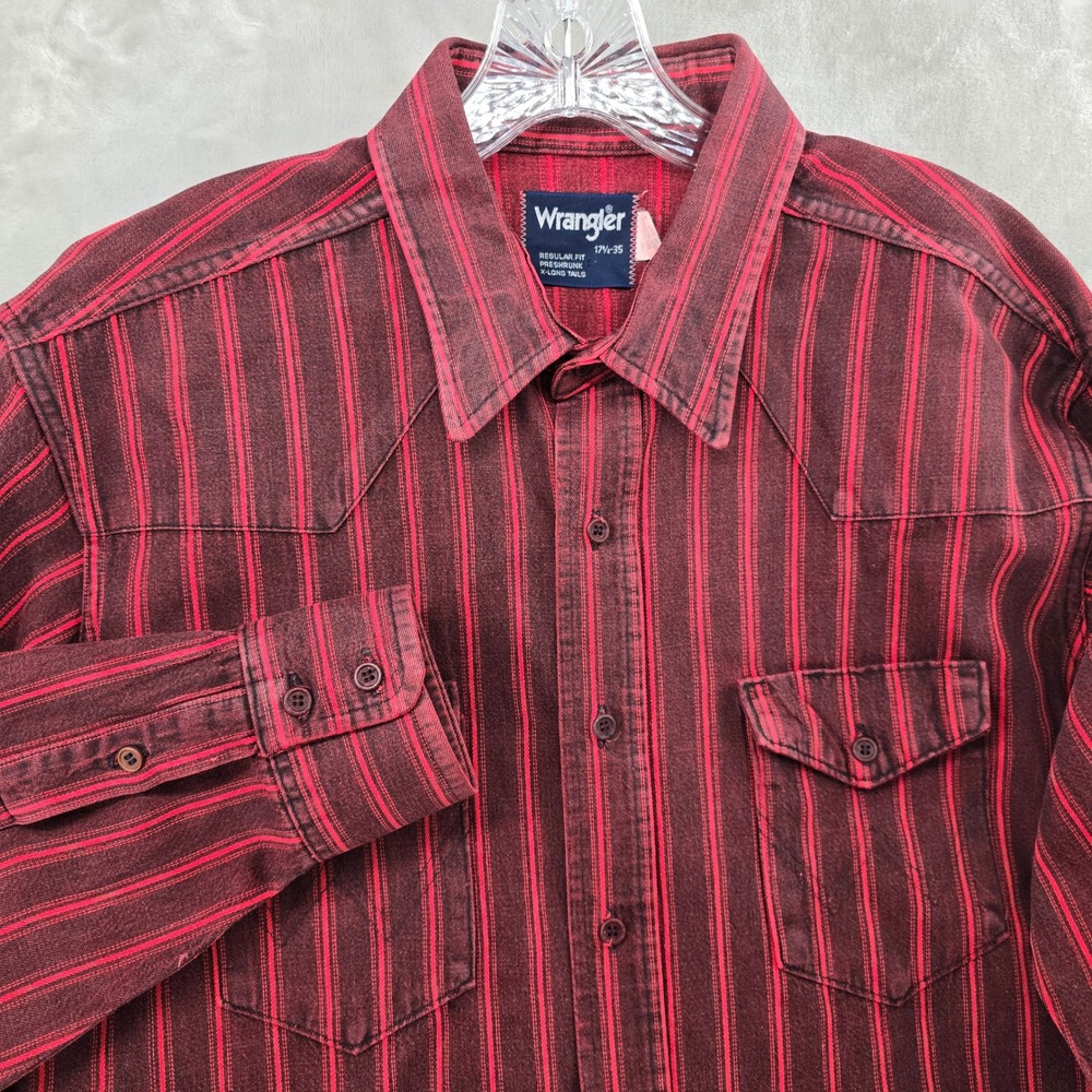 Vintage Wrangler Western Canvas Shirt Mens 17.5-35 Red Striped‎ Long Sleeve